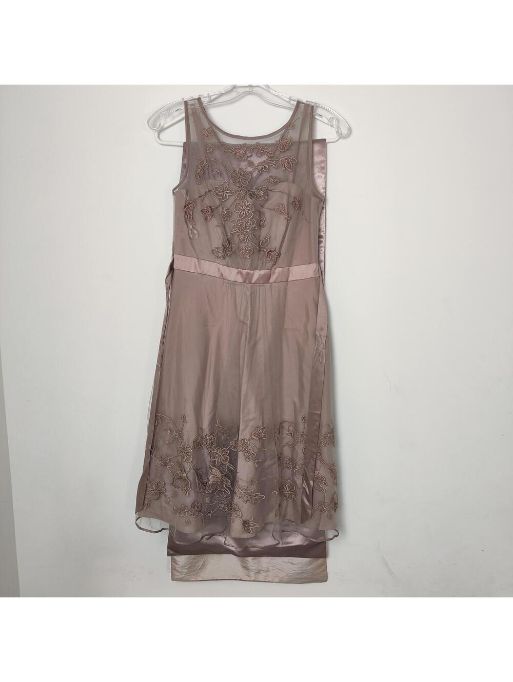 Coast Women’s Taupe Embroidered Silk-Trim Occasion Dress Size 8